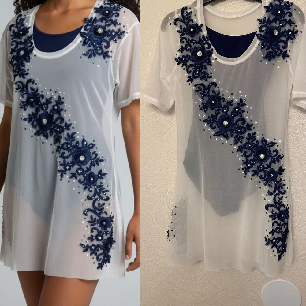 Custom solo dance costume white embellished mesh tunic stoned Overdress XSA adul